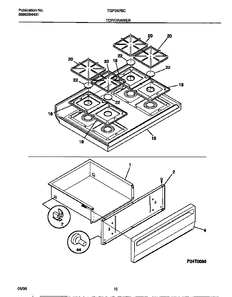 TOP / DRAWER Diagram and Parts List for TGF357BCWC  Tappan Range