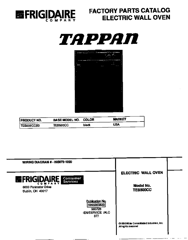 COVER Diagram and Parts List for TEB500CCB3  Tappan Wall Oven