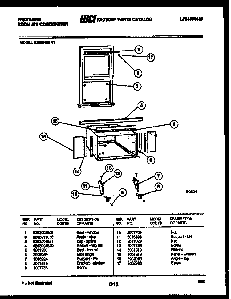 WINDOW MOUNTING PARTS Diagram and Parts List for AR25NS5N1  Frigidaire Air Conditioner