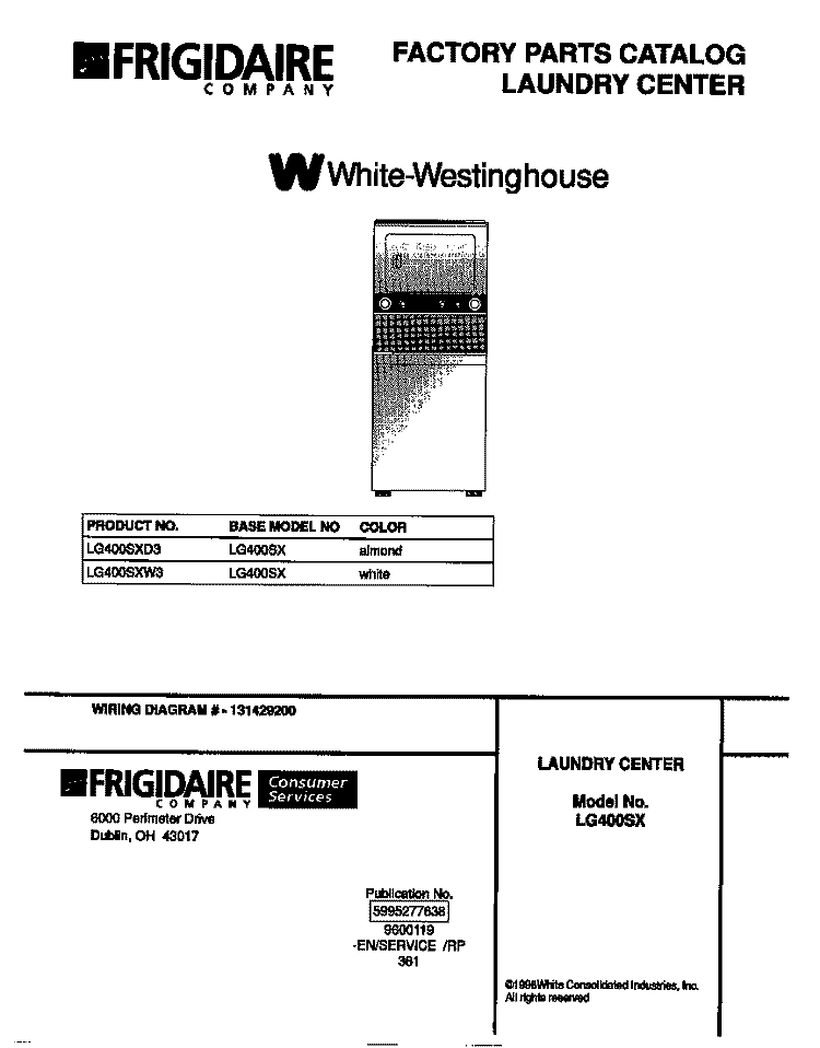 COVER Diagram and Parts List for LG400SXW3  Frigidaire Washer Dryer Combo