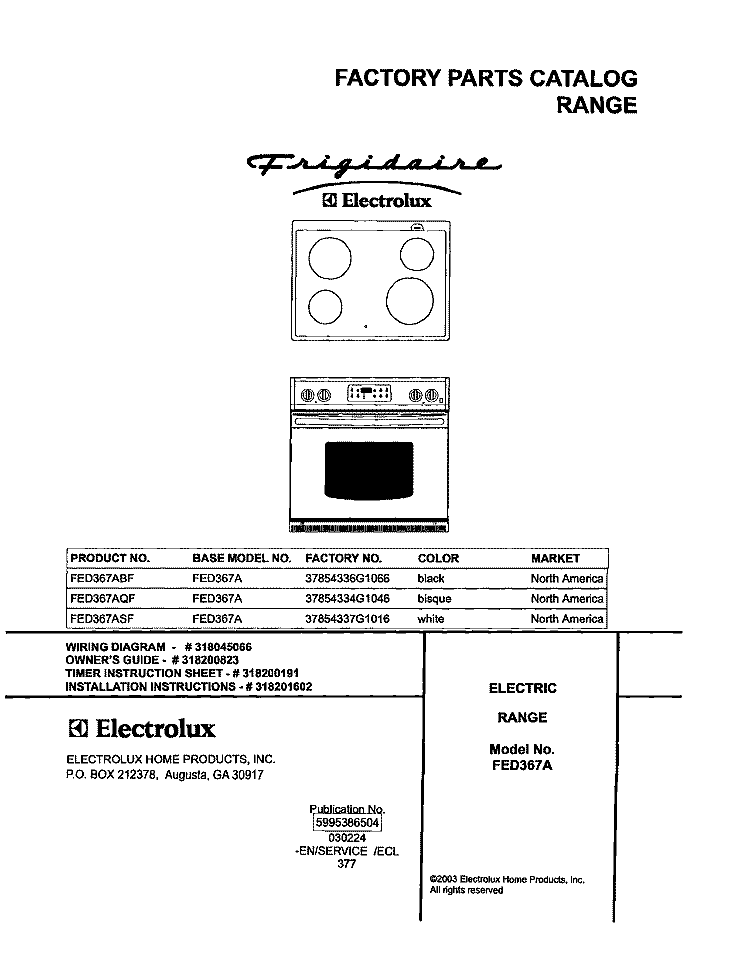 COVER Diagram and Parts List for FED367AQF  Frigidaire Range