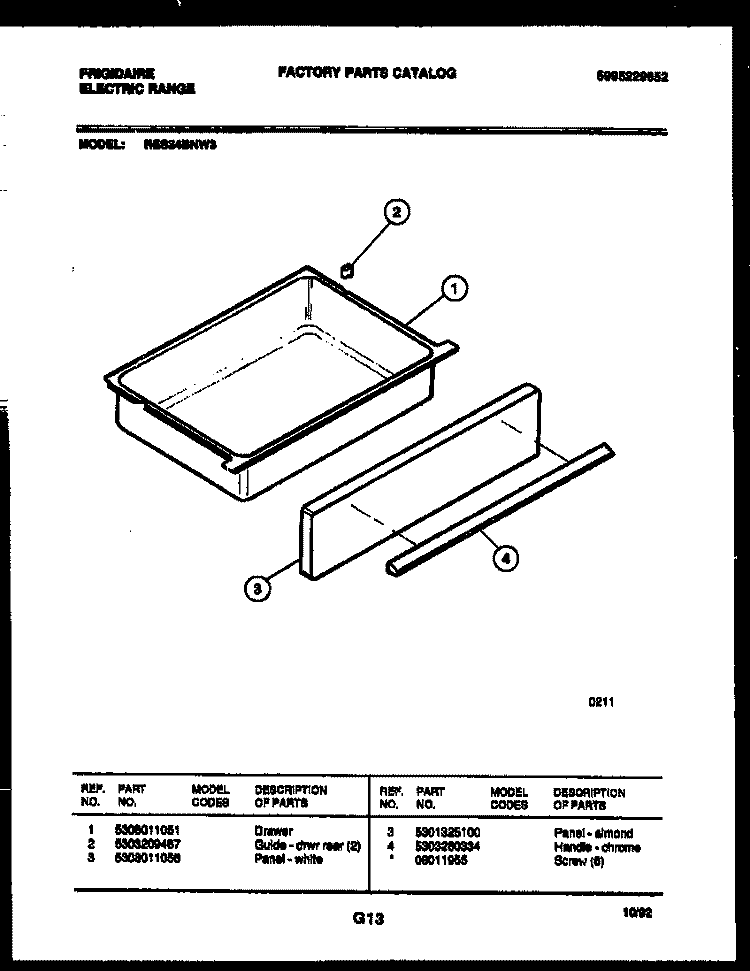 DRAWER PARTS Diagram and Parts List for RES34BNW3  Frigidaire Range
