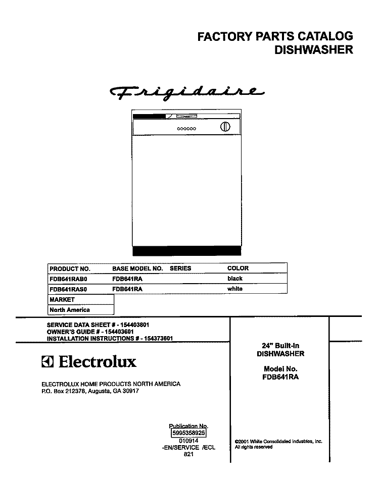 COVER Diagram and Parts List for FDB641RAB0  Frigidaire Dishwasher
