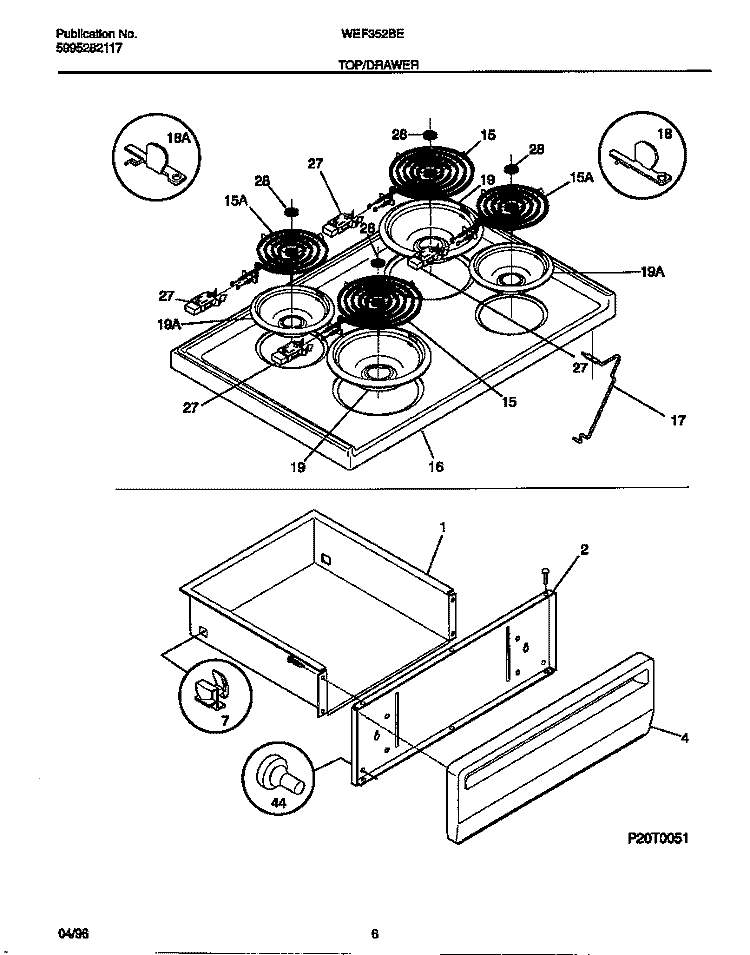 TOP / DRAWER Diagram and Parts List for WEF352BEDA  Frigidaire Range