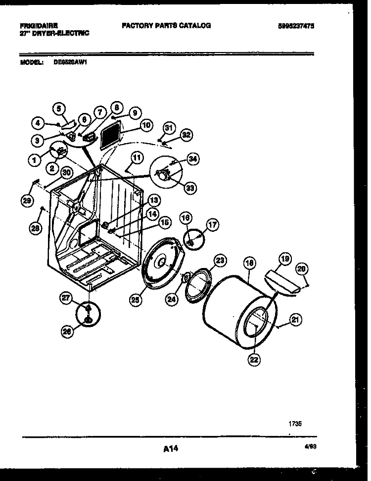 CABINET AND COMPONENT PARTS Diagram and Parts List for DE6520AW1  Frigidaire Dryer
