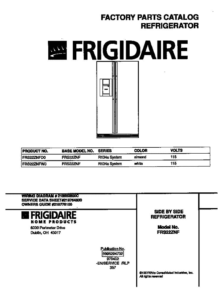COVER Diagram and Parts List for FRS22ZNFW0  Frigidaire Refrigerator