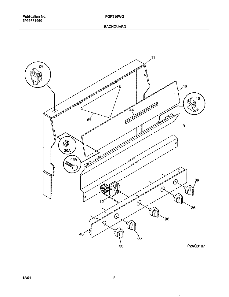 BACKGUARD Diagram and Parts List for FGF316WGSJ  Frigidaire Range