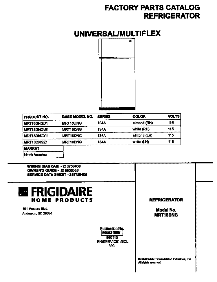 COVER Diagram and Parts List for MRT18DNGW1  Uni Refrigerator
