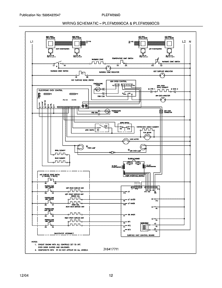WIRING SCHEMATIC Diagram and Parts List for PLEFM399DCC  Frigidaire Range
