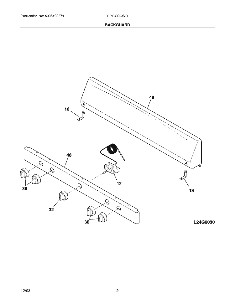 BACKGUARD Diagram and Parts List for FPF303CWB  Frigidaire Range