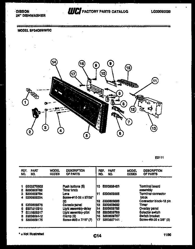 CONSOLE AND CONTROL PARTS Diagram and Parts List for SP24C6WWGC  Gibson Dishwasher