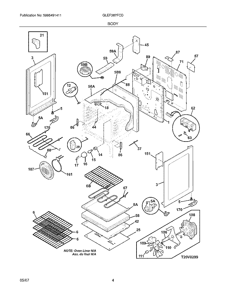 BODY Diagram and Parts List for GLEF387FCD  Frigidaire Range