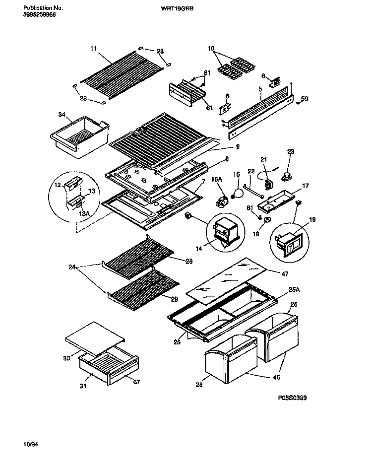 SHELVES, CONTROLS, DIVIDER, MULLION Diagram and Parts List for WRT19GRBW2  Frigidaire Refrigerator