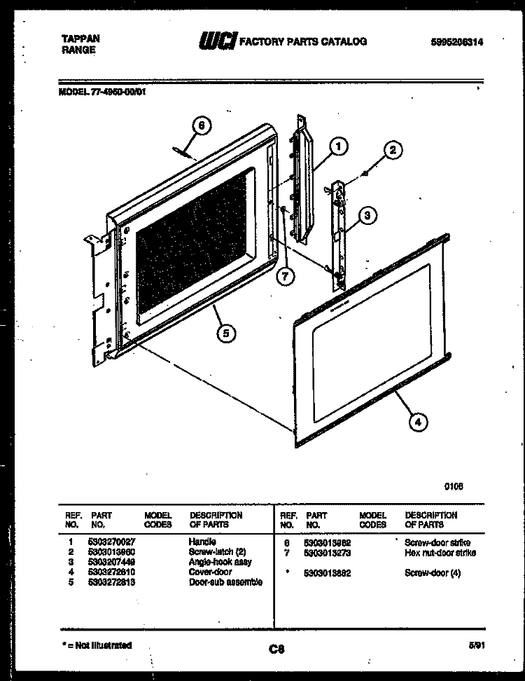 UPPER OVEN DOOR PARTS Diagram and Parts List for 77-4950-00-01  Tappan Range