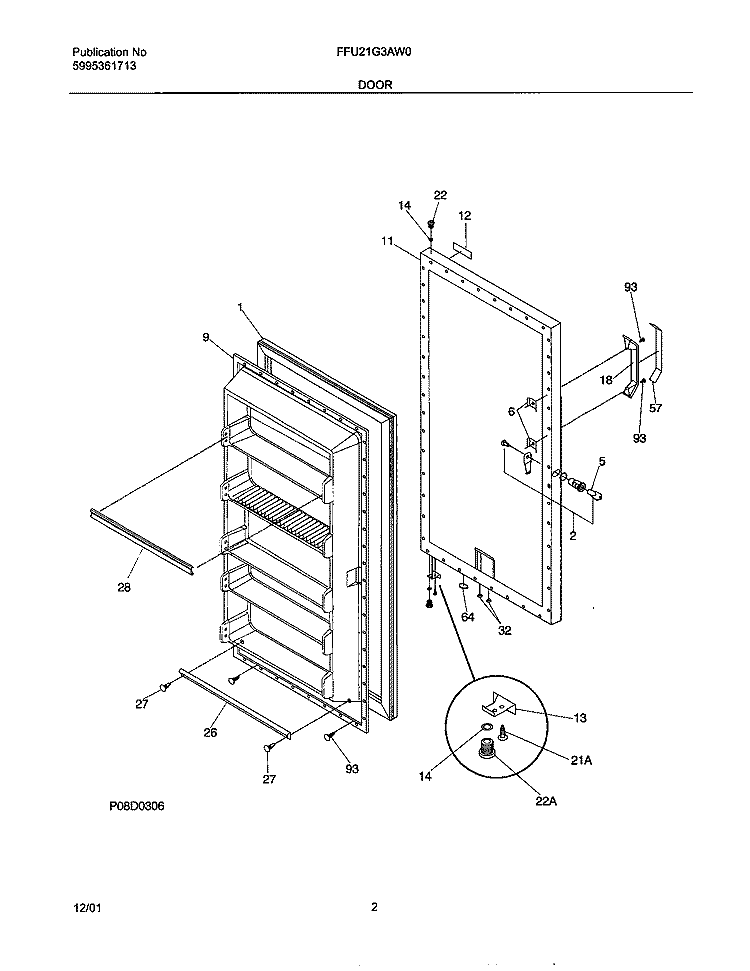 DOOR Diagram and Parts List for FFU21G3AW0  Frigidaire Freezer