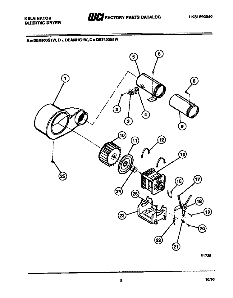 BLOWER AND DRIVE PARTS Diagram and Parts List for DEA501G1D  Kelvinator Dryer