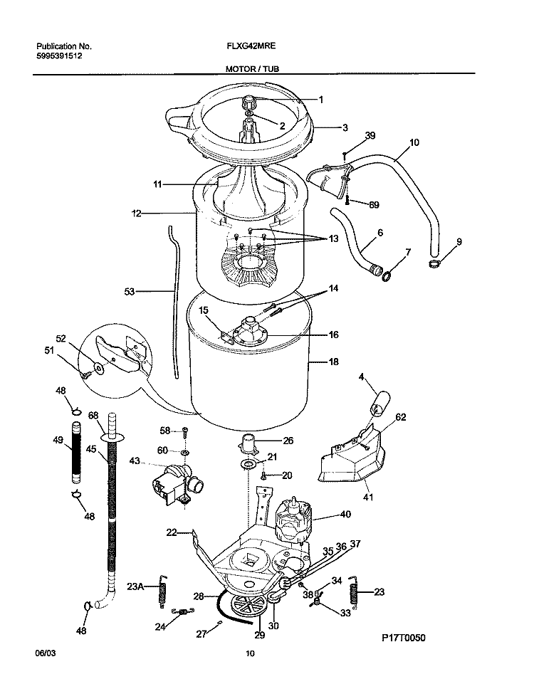 MOTOR / TUB Diagram and Parts List for FLXG42MRES3  Frigidaire Washer Dryer Combo