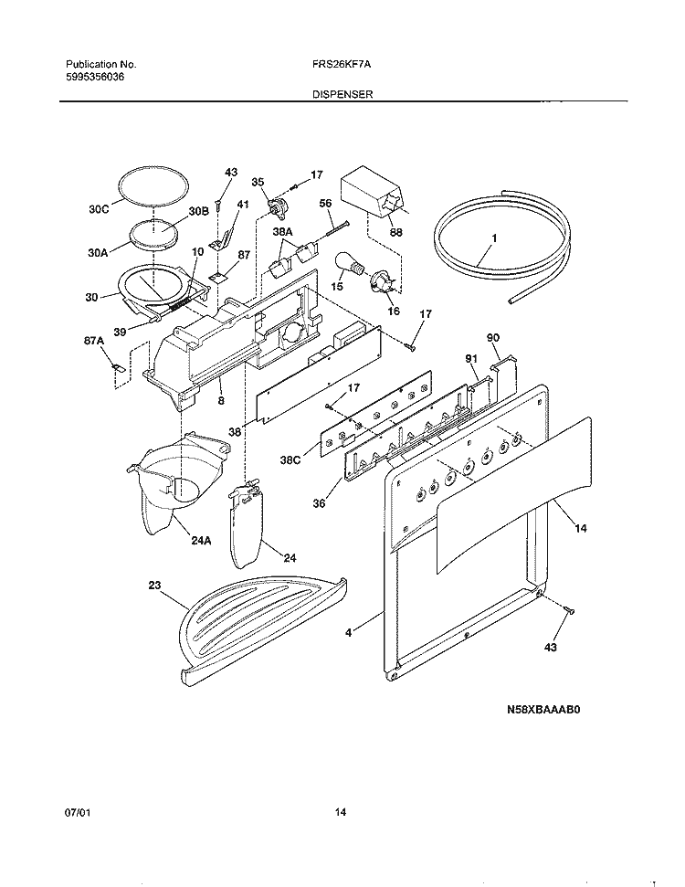 DISPENSER Diagram and Parts List for FRS26KF7AB0  Frigidaire Refrigerator