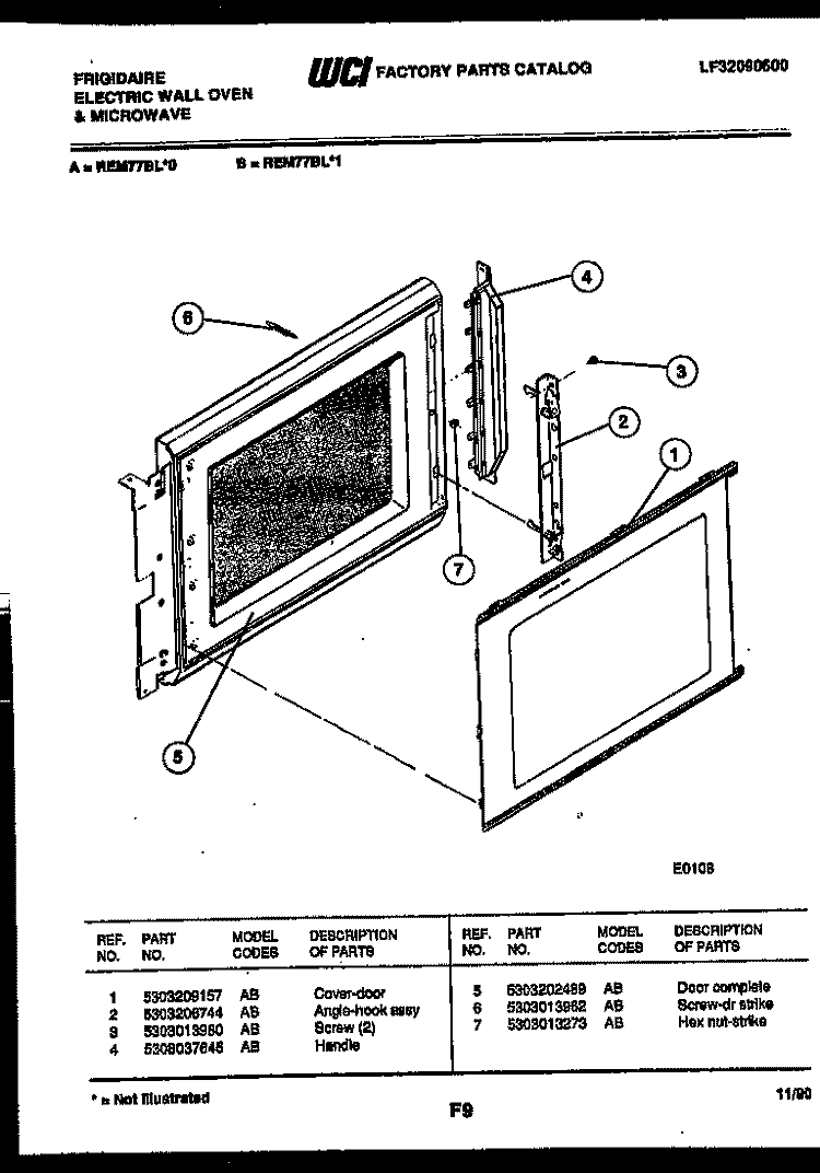 UPPER OVEN DOOR PARTS Diagram and Parts List for REM77BLB0  Frigidaire Microwave Oven Combo