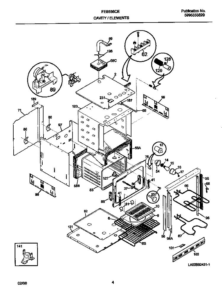 CAVITY / ELEMENT Diagram and Parts List for FEB556CETH  Frigidaire Wall Oven