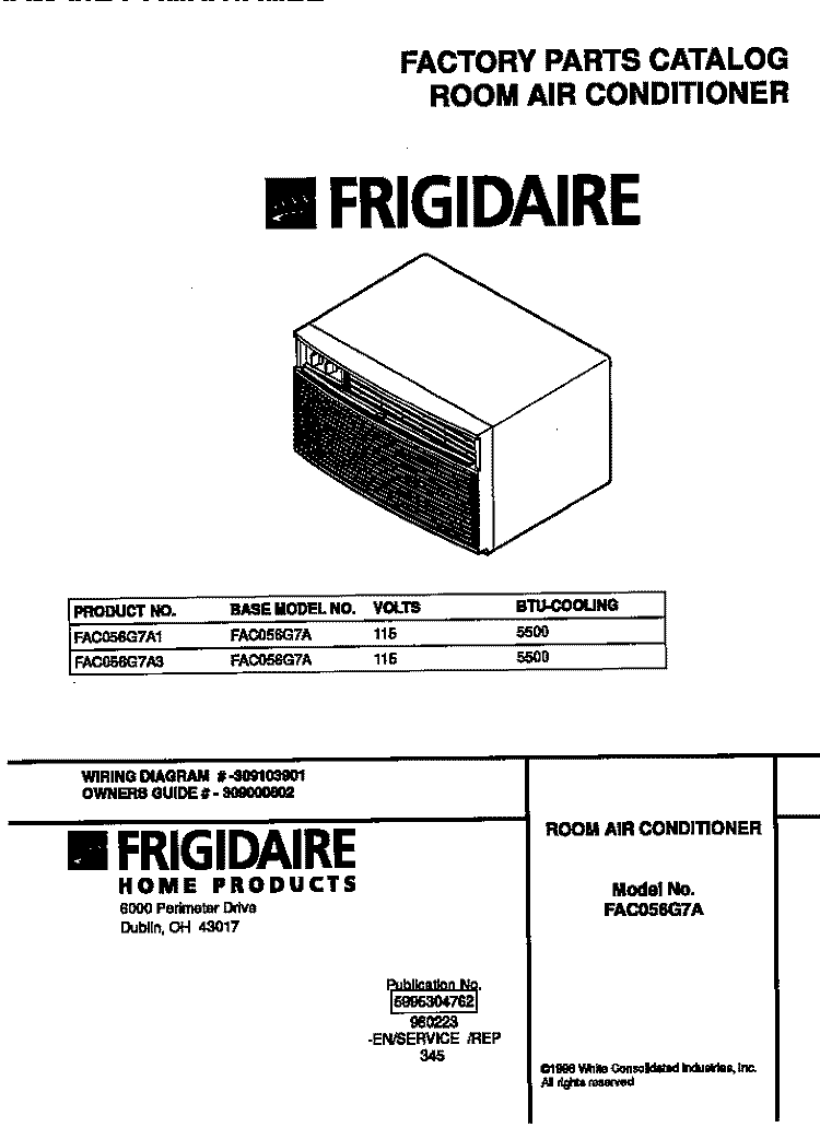 COVER Diagram and Parts List for FAC056G7A3  Frigidaire Air Conditioner