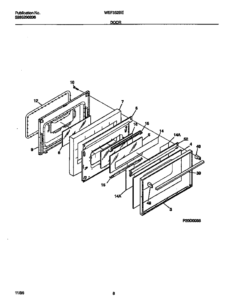 DOOR Diagram and Parts List for WEF352BEDC  Frigidaire Range