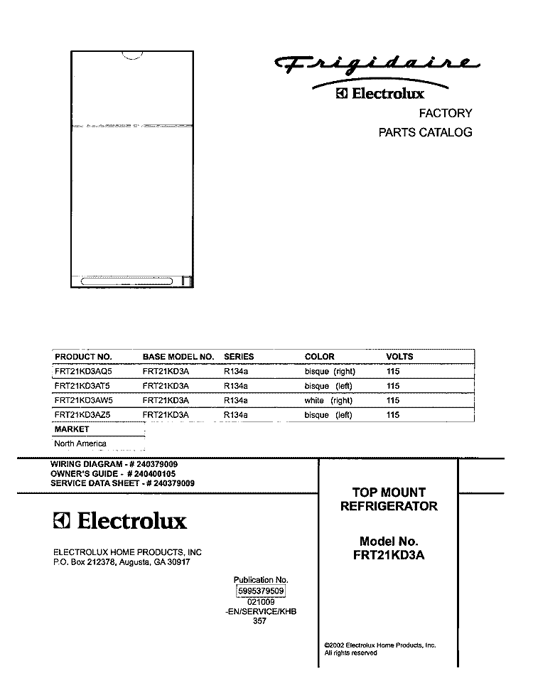 COVER Diagram and Parts List for FRT21KD3AZ5  Frigidaire Refrigerator