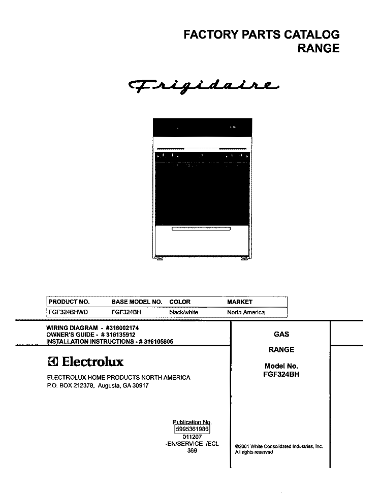 COVER Diagram and Parts List for FGF324BHWD  Frigidaire Range
