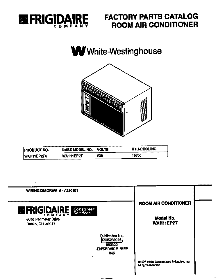 COVER Diagram and Parts List for WAH11EP2T4  Frigidaire Air Conditioner