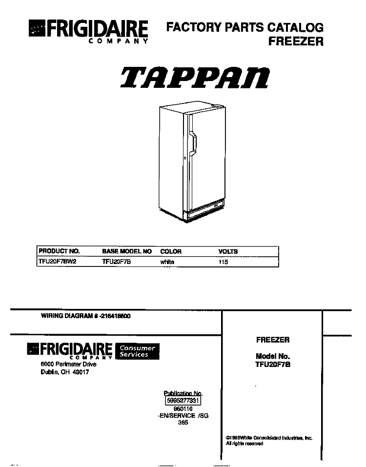 COVER Diagram and Parts List for TFU20F7BW2  Tappan Freezer