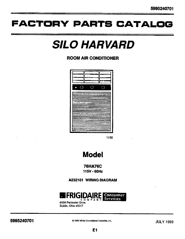 COVER Diagram and Parts List for 76HA76C  Frigidaire Air Conditioner