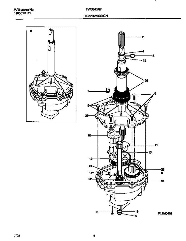 TRANSMISSION Diagram and Parts List for FWS845GFS1  Frigidaire Washer