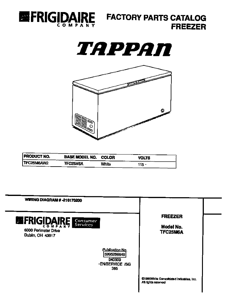 COVER Diagram and Parts List for TFC25M6AW2  Tappan Freezer
