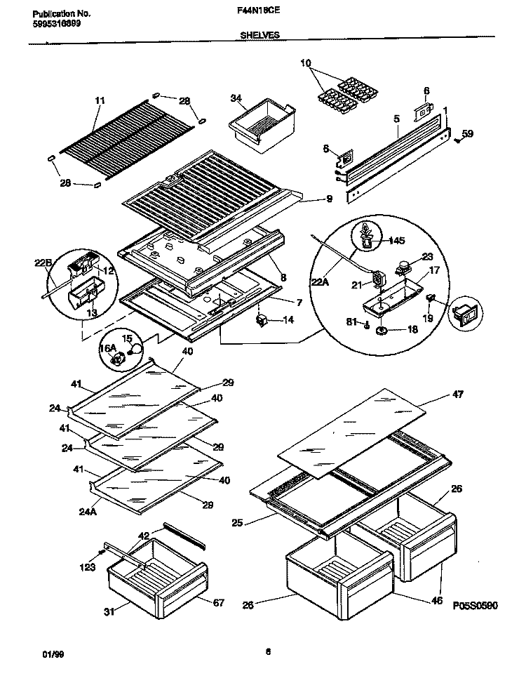 SHELVES Diagram and Parts List for F44N18CED7  Frigidaire Refrigerator