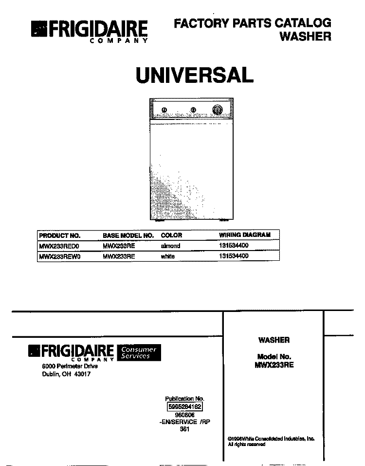 COVER Diagram and Parts List for MWX233REW0  Frigidaire Washer