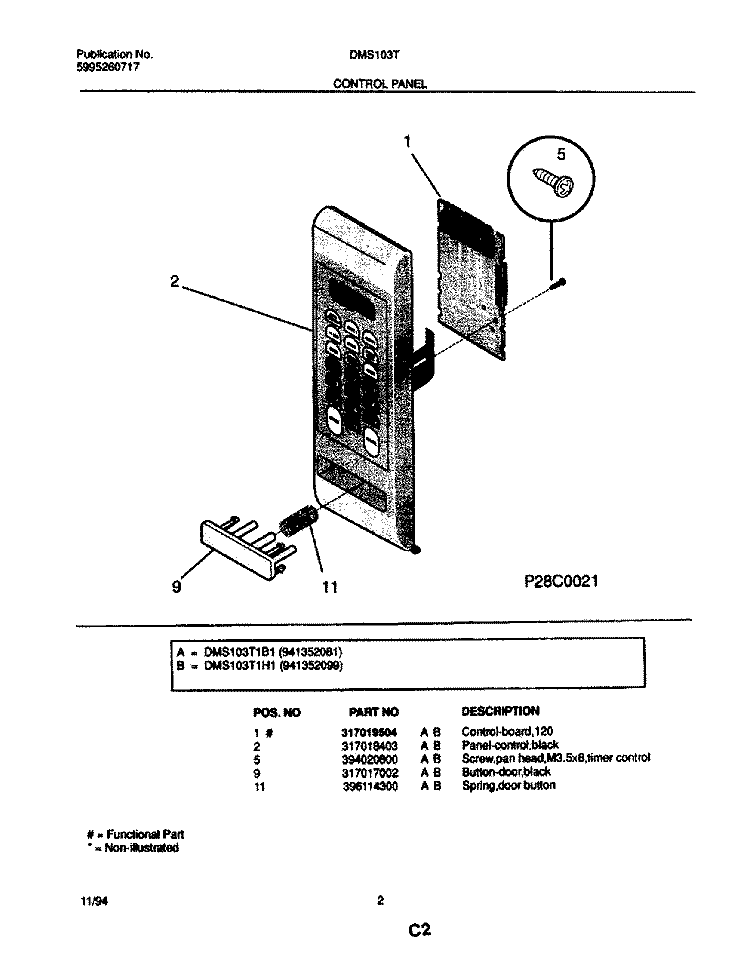 CONTROL PANEL Diagram and Parts List for DMS103T1B1  Frigidaire Microwave