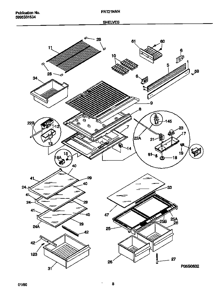 SHELVES Diagram and Parts List for FRT21NNHB2  Frigidaire Refrigerator