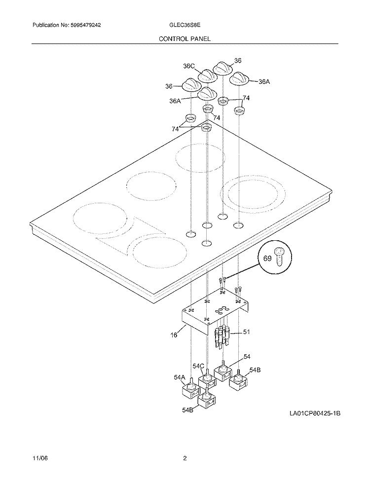 CONTROLS Diagram and Parts List for GLEC36S8EBB  Frigidaire Cooktop