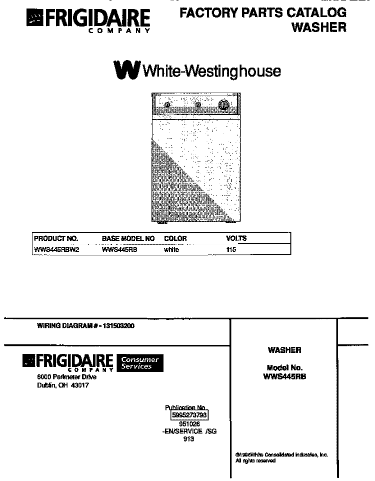 COVER Diagram and Parts List for WWS445RBW2  Frigidaire Washer