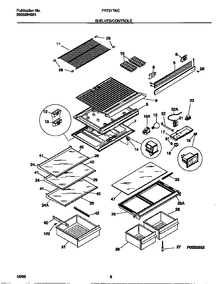 SHELVES / CONTROLS Diagram and Parts List for FRT21TNCW4  Frigidaire Refrigerator