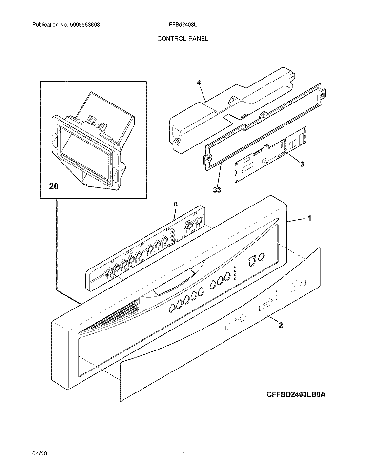 CONTROL PANEL Diagram and Parts List for FFBD2403LW0A  Frigidaire Dishwasher