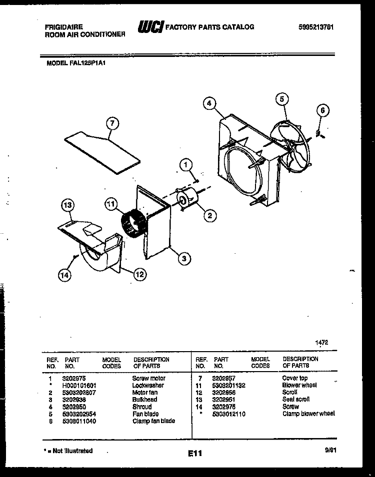 AIR HANDLING PARTS Diagram and Parts List for FAL125P1A1  Frigidaire Air Conditioner