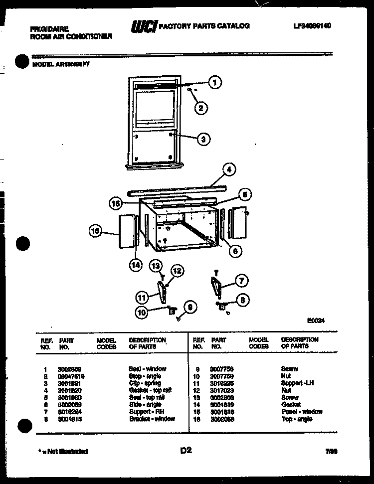 WINDOW MOUNTING PARTS Diagram and Parts List for AR18NS8F7  Frigidaire Air Conditioner