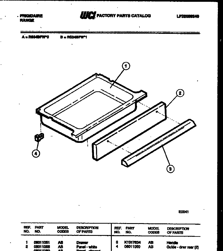 DRAWER PARTS Diagram and Parts List for RS34BFL1  Frigidaire Range