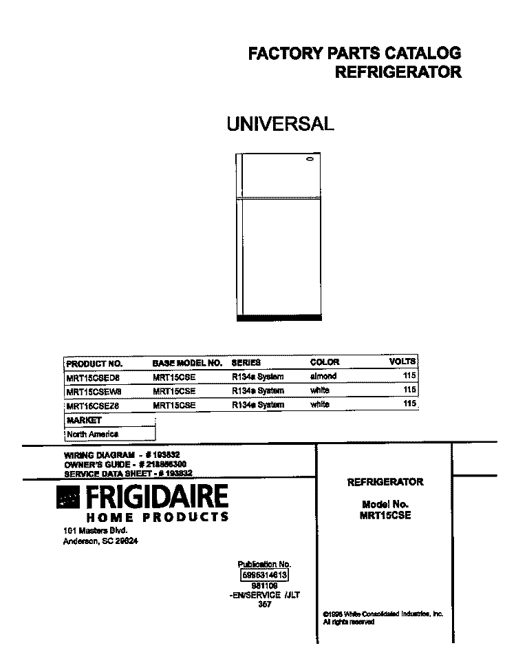 COVER Diagram and Parts List for MRT15CSEZ8  Frigidaire Refrigerator