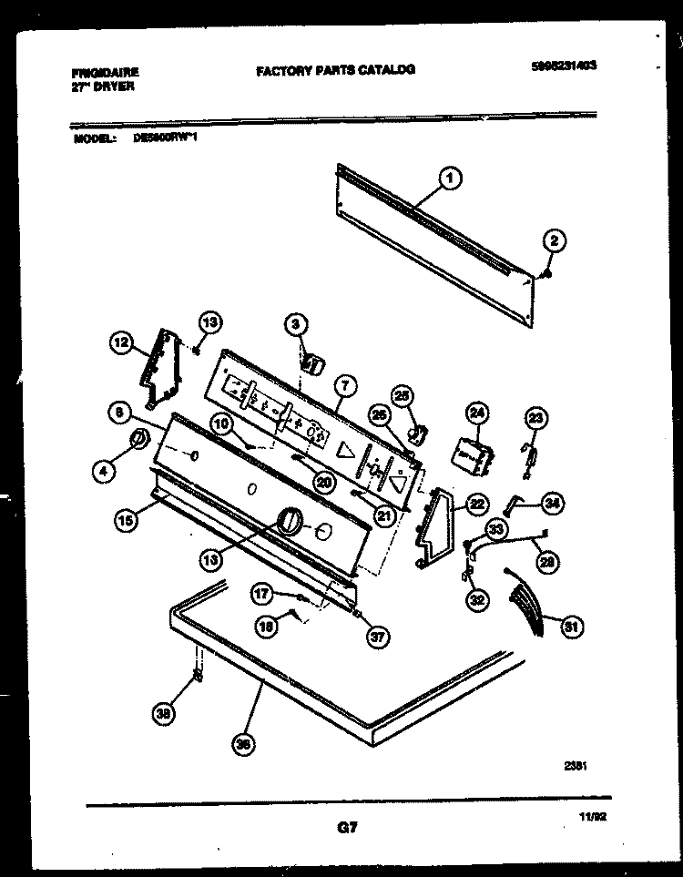 CONSOLE AND CONTROL PARTS Diagram and Parts List for DE5800RW1  Frigidaire Dryer