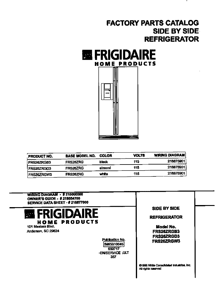 COVER Diagram and Parts List for FRS26ZRGW3  Frigidaire Refrigerator