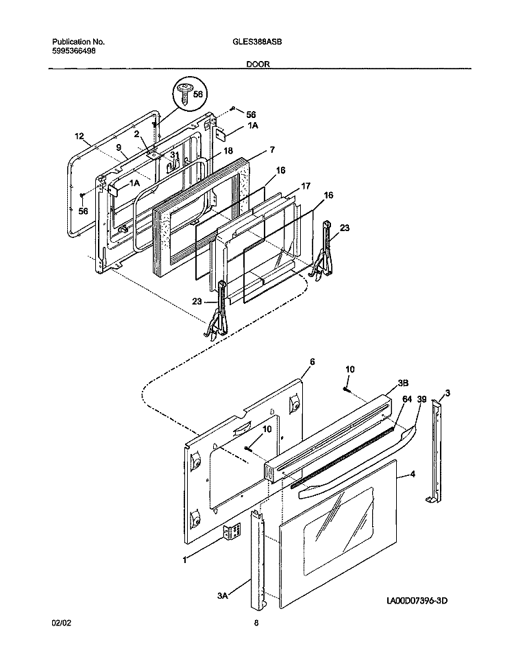 DOOR Diagram and Parts List for GLES388ASB  Frigidaire Range