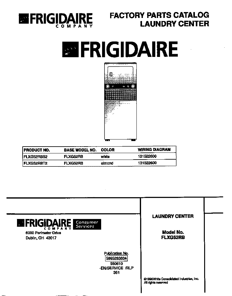 COVER Diagram and Parts List for FLXG52RBT2  Frigidaire Washer Dryer Combo