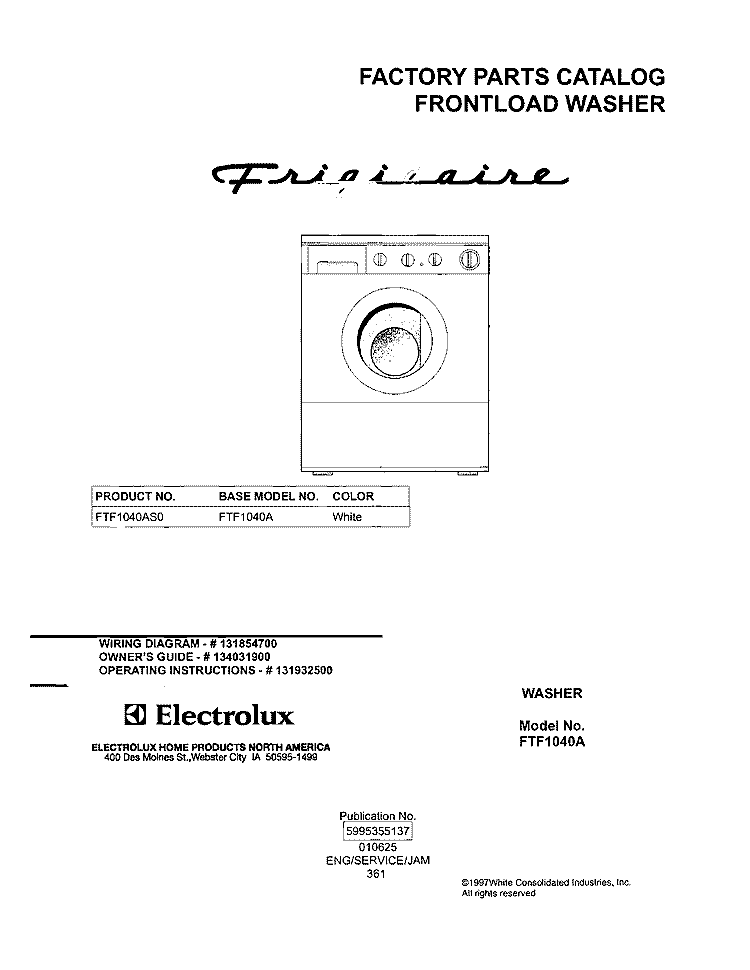COVER Diagram and Parts List for FTF1040AS0  Frigidaire Washer